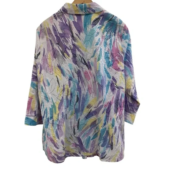 ALIA Colorful Abstract Crinkle Print Button Down Blouse - Shirttail Hem - Sz 16W - Picture 3 of 12